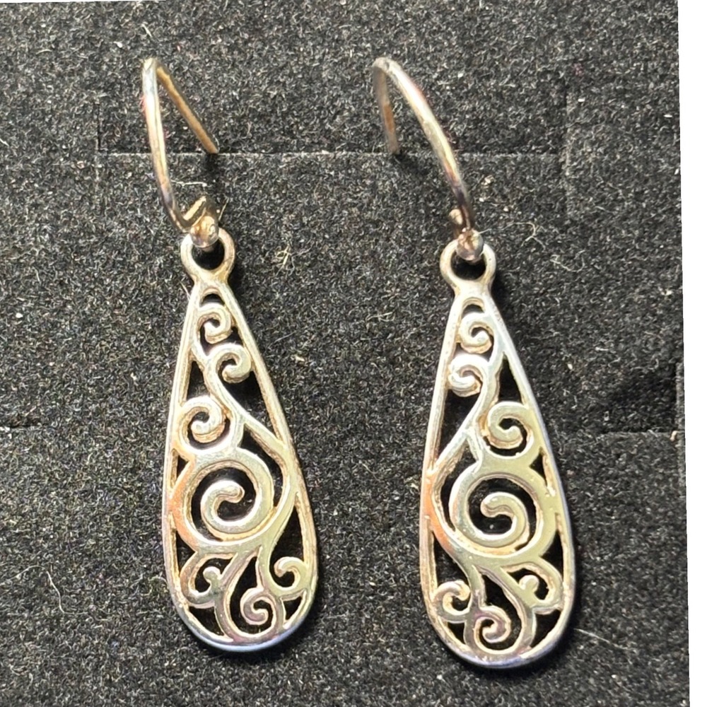 Drop Earrings Silver 925 Sterling Filigree‎ Teardrop Swirl Dangle French Wire